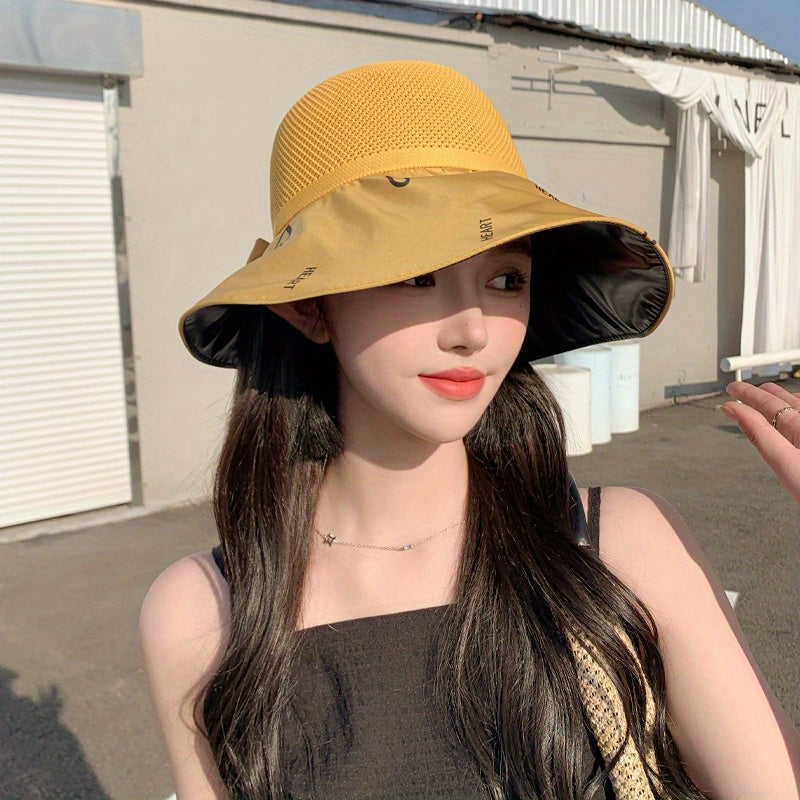 Heart Print Bowknot Sun Hat Hollow Out UV Protection Bucket Hat