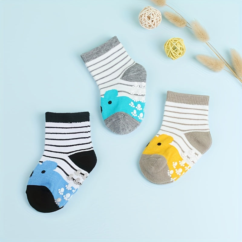 3 Pairs Baby Boys Anti-Skid Striped & Koala Bear Pattern Socks