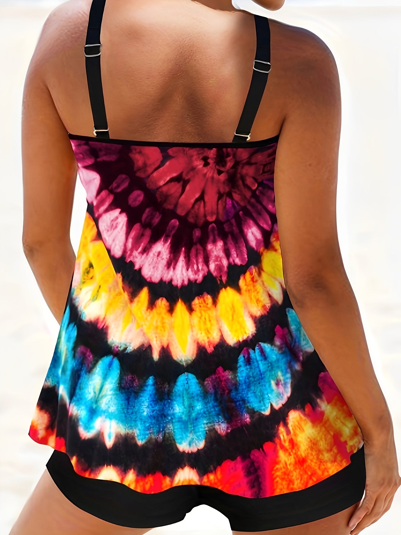 Tie Dye Tankini Set Metal Decor Round Neck Top & Shorts Swimsuit