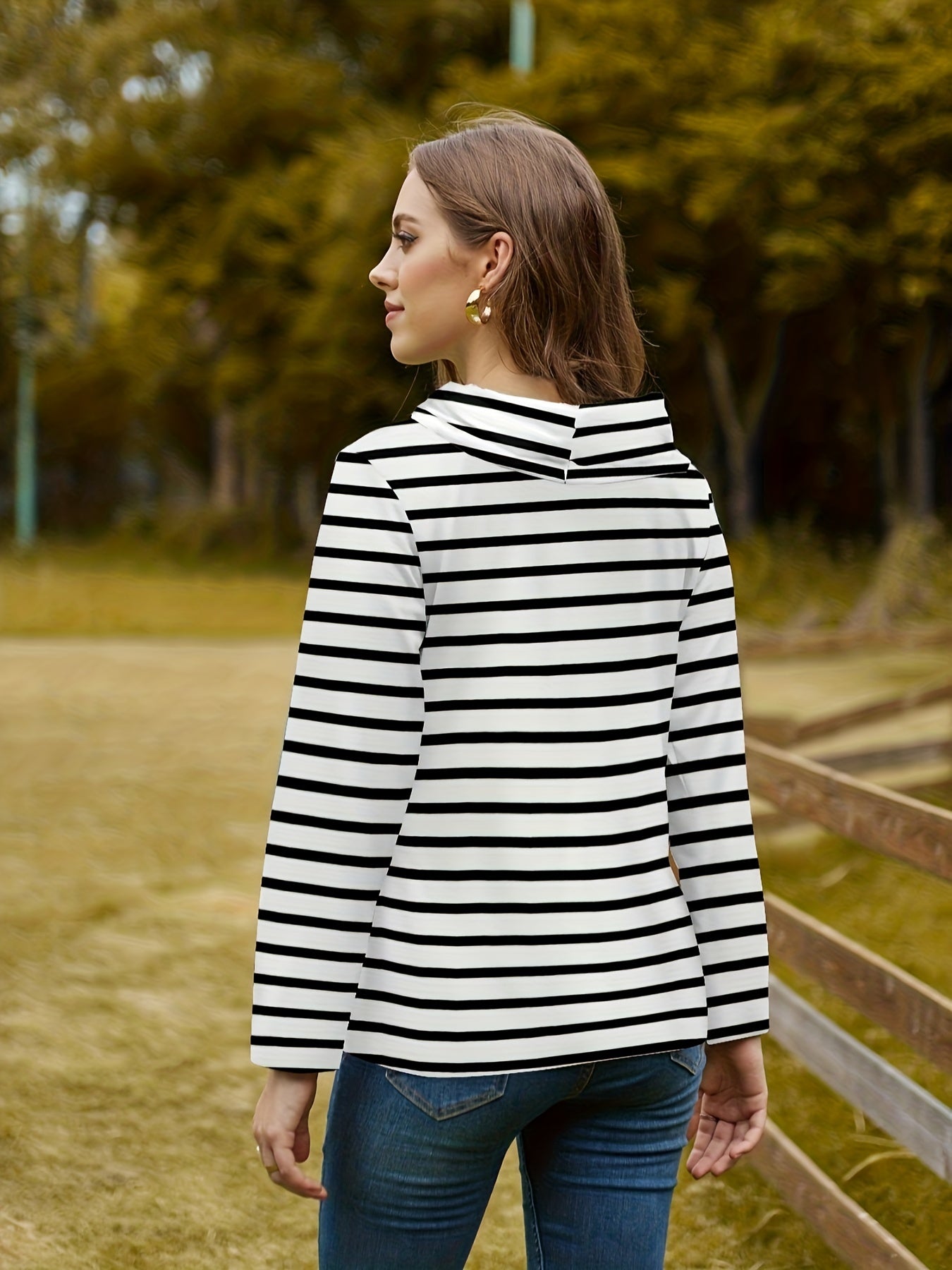 Striped Print Drawstring Pullover Sweatshirt Women's Clothing