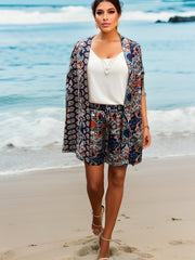 Ethnic Print Two-Piece Set Open Front Top & Drawstring Shorts