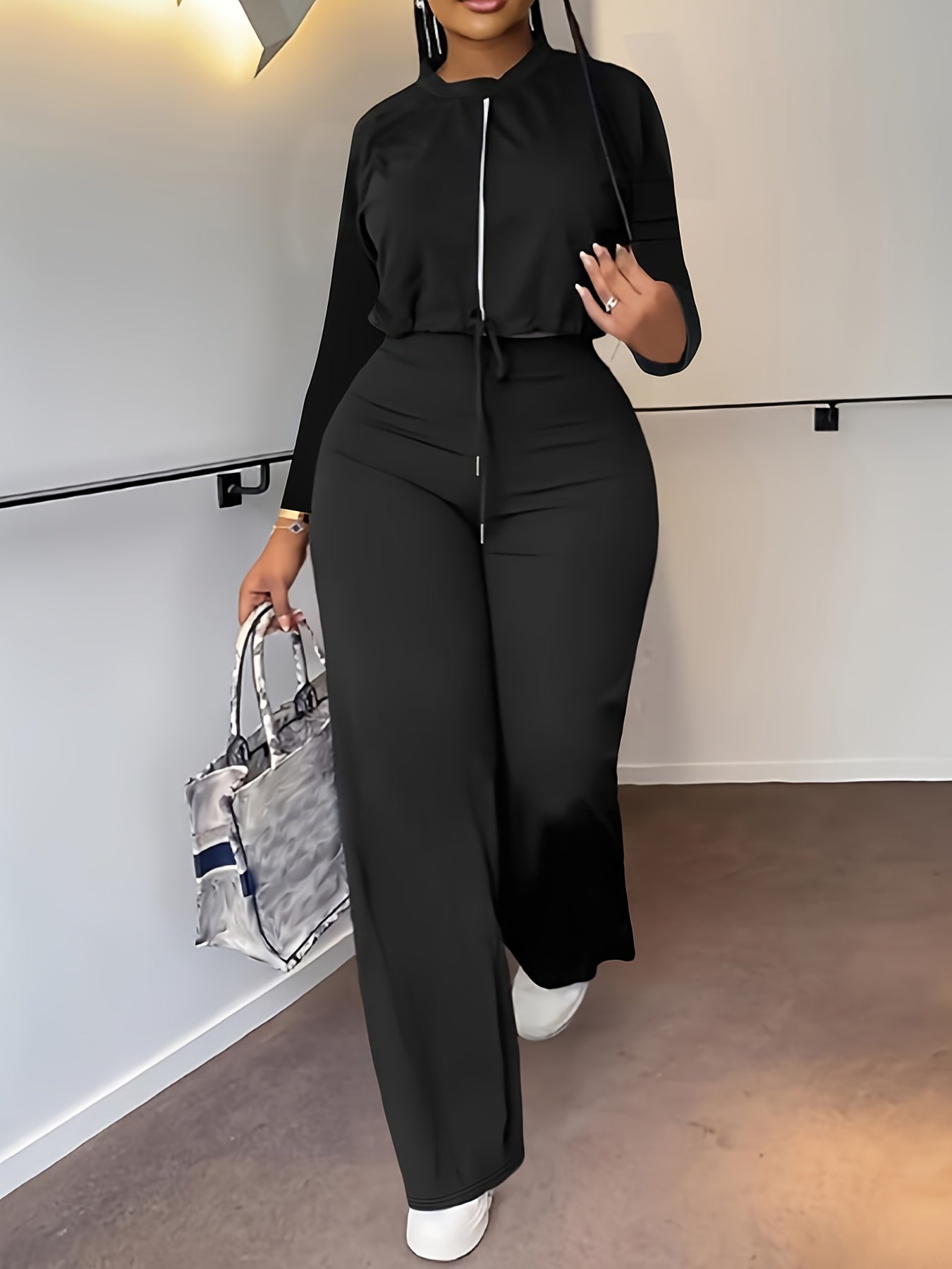 Colorblock Top & Wide Leg Pants Set