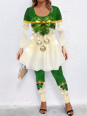 Christmas Ball Print Peplum Top & Leggings Outfit 2 Piece Set