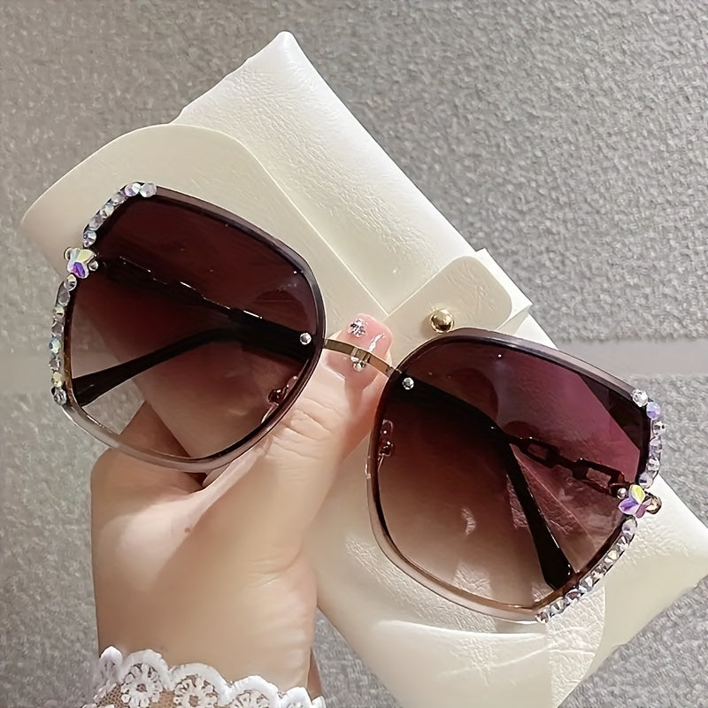 Oversized Rhinestone Sunglasses Gradient Rimless UV400