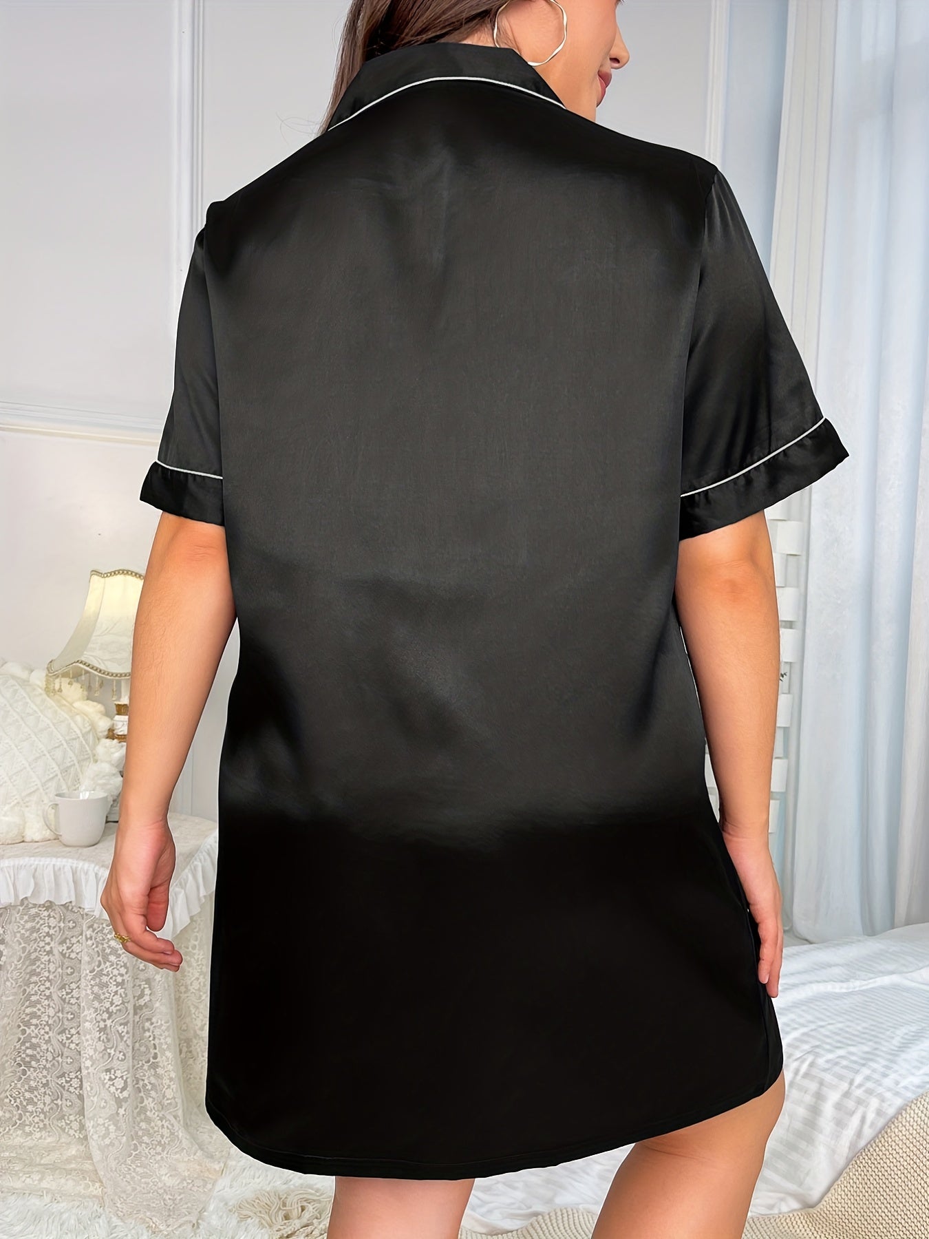 Nightdress Turn Down Collar Button Up Short Sleeve Sleep Dress