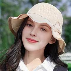 Ruffles Knit Bucket Hat with Bow Hollow Crochet Sun Hat