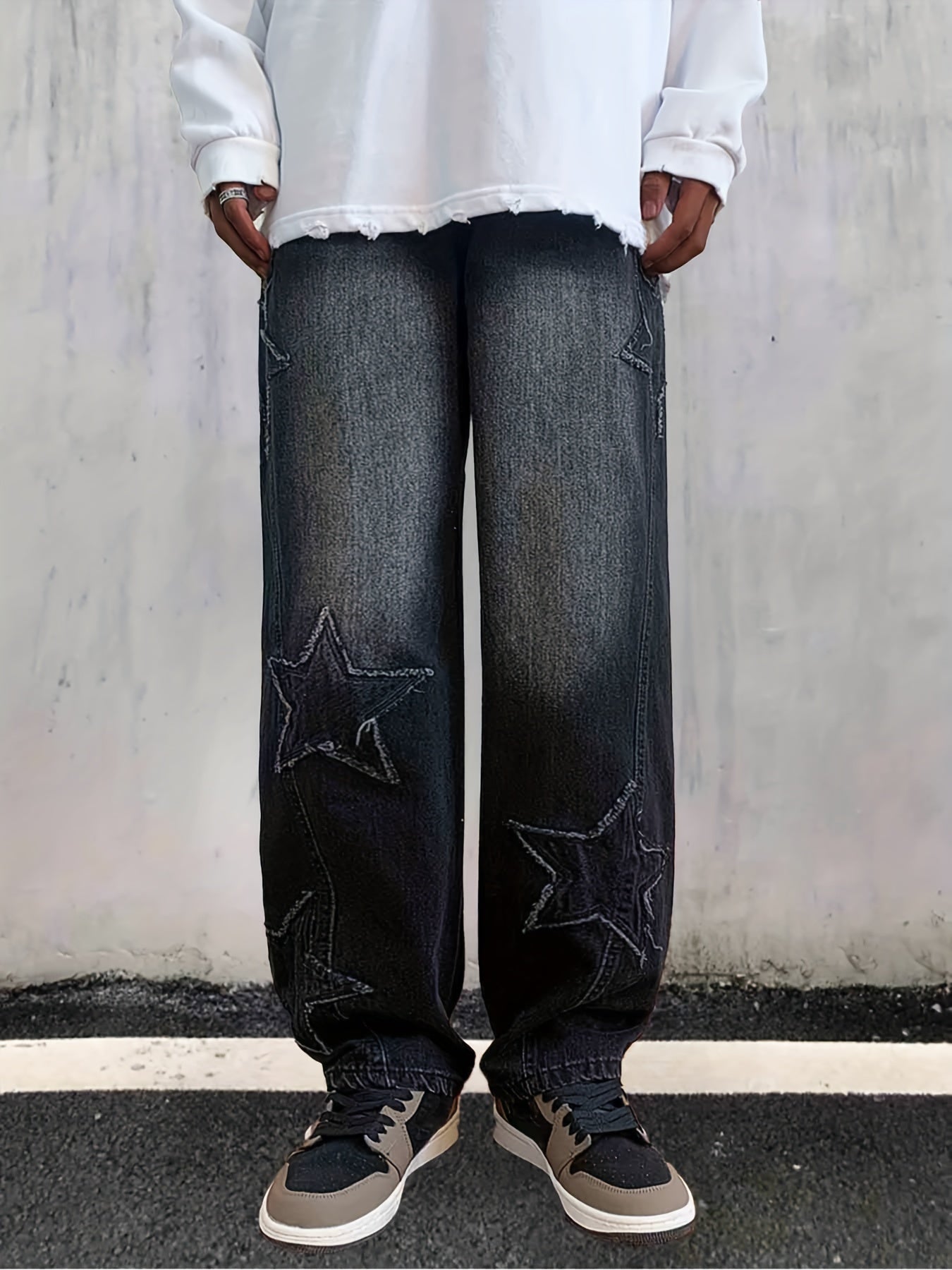 Star Pattern Baggy Jeans Men Casual Street Style Loose Fit Denim Pants