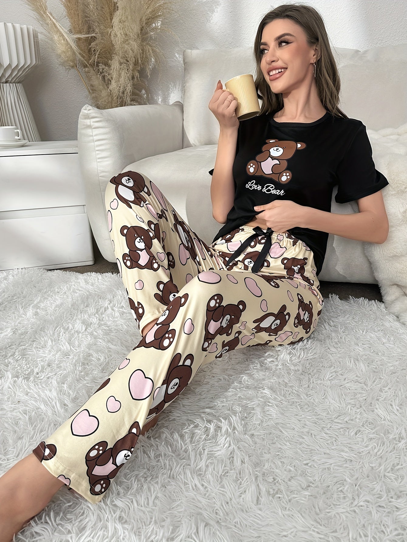 Bear Print Pajama Set Short Sleeve Top & Pants