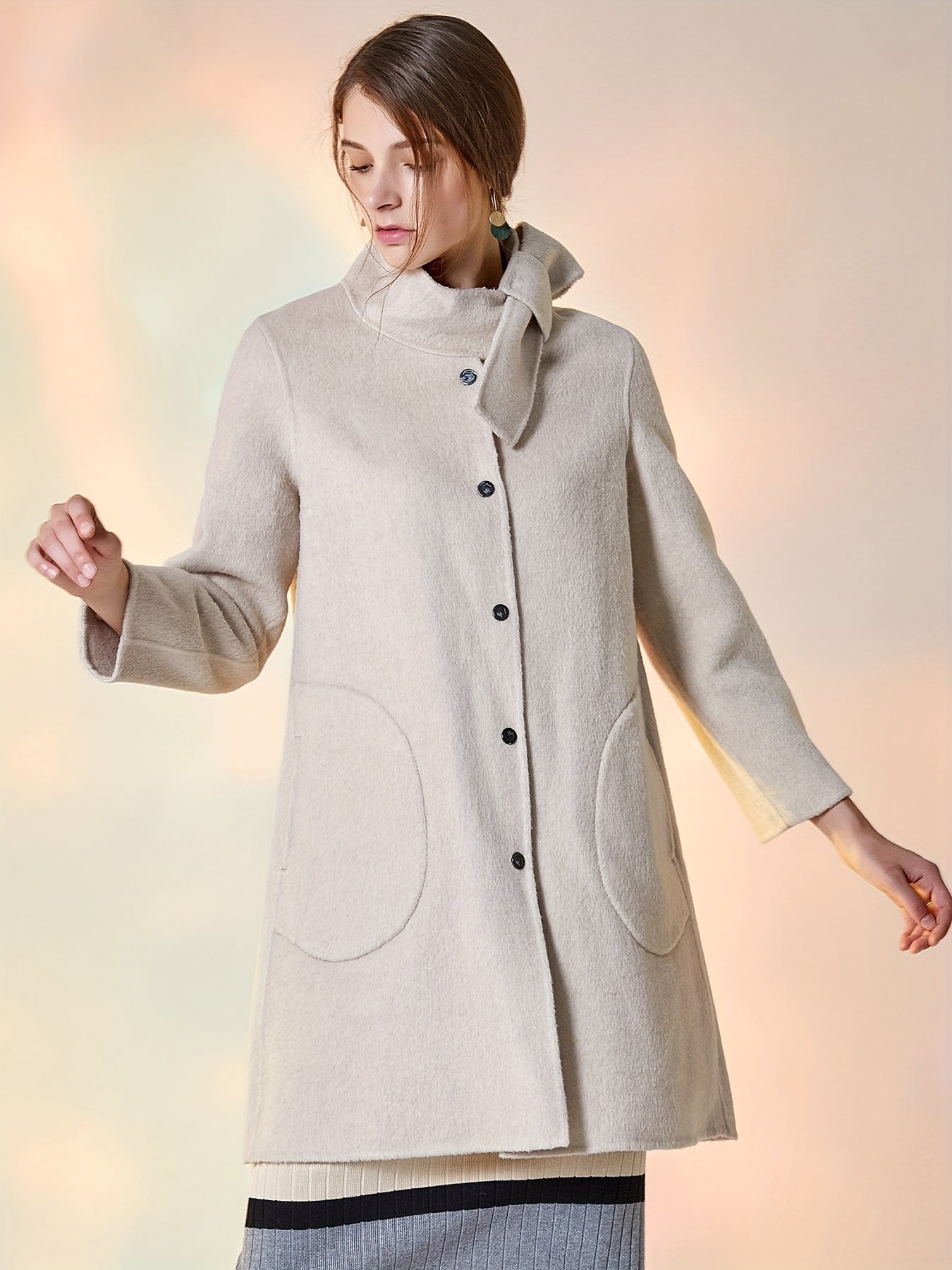 Solid Coat Casual Funnel Collar Bow Tie Outerwear Women's Clothing