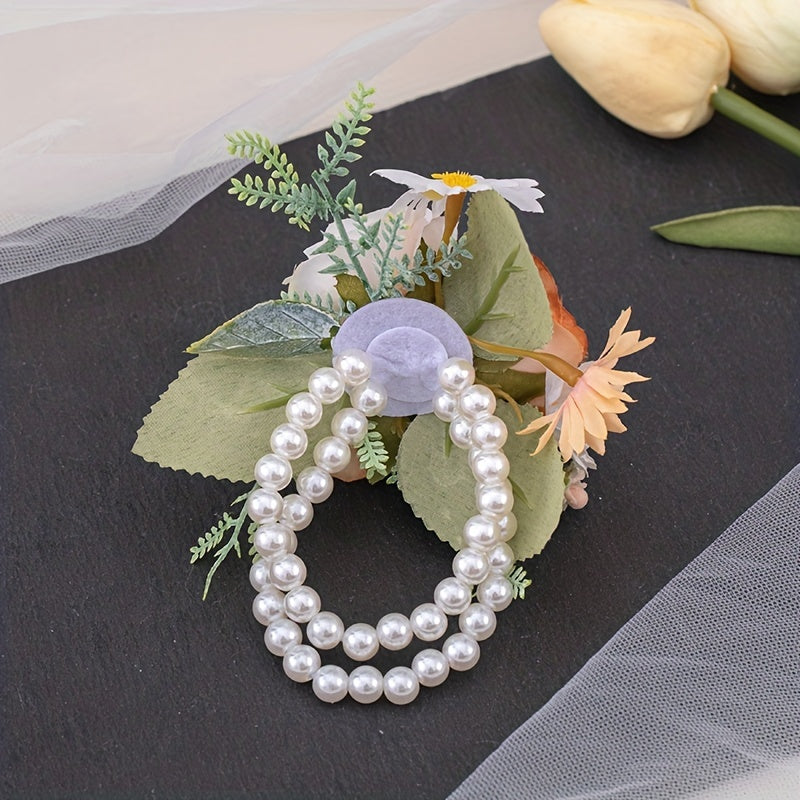 Rose Wristband Flower Ribbon Faux Pearl Bracelet Wedding Bridesmaid