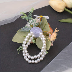 Rose Wristband Flower Ribbon Faux Pearl Bracelet Wedding Bridesmaid