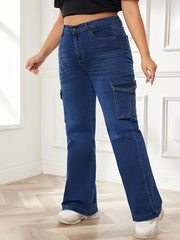 Washed Button Fly High Rise Wide Leg Cargo Jeans