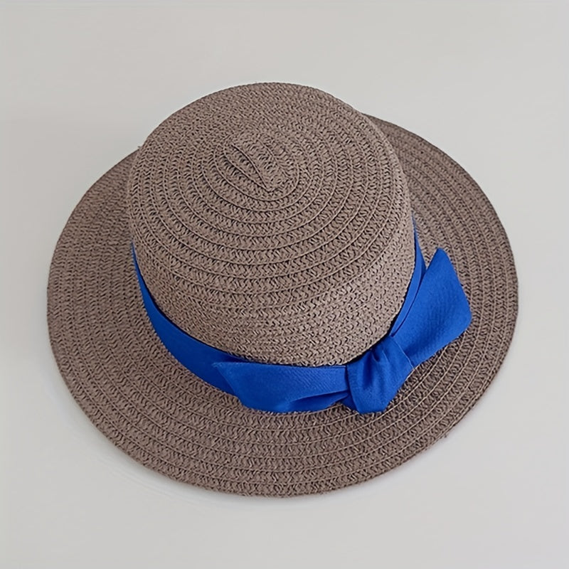 Kids Straw Hat Bowtie Decor Flat Beach Sun Hat
