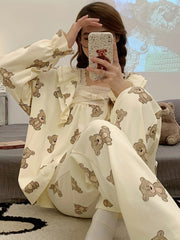 Bear Print Pajama Set Long Sleeve Top & Pants Women's Sleepwear