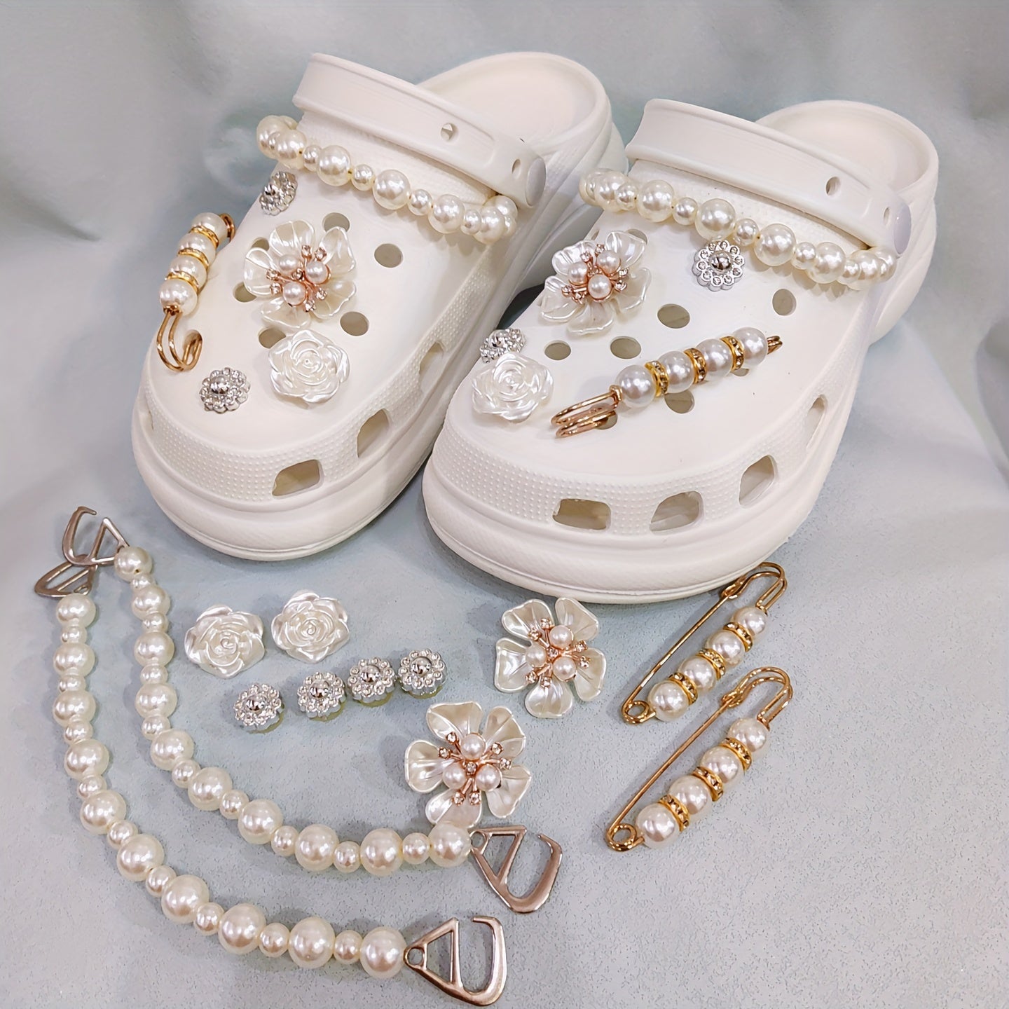 12pcs Hole Shoe Accessories Set, Pearl Chain, Flower Buttons for Crocs