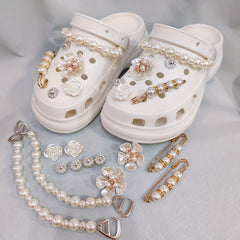 12pcs Hole Shoe Accessories Set, Pearl Chain, Flower Buttons for Crocs