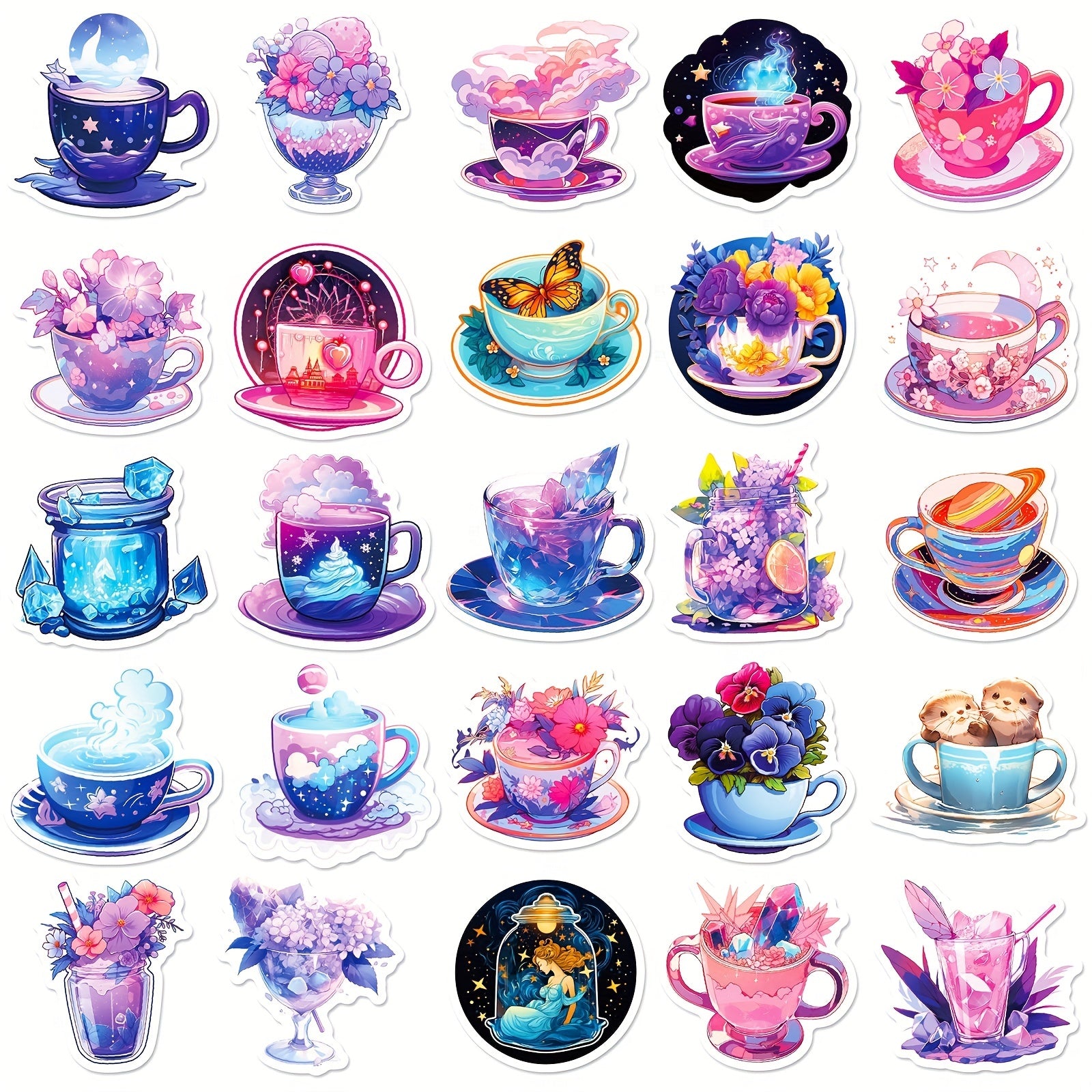 50pcs Tea Cup Stickers Waterproof DIY Bottles Laptops Phones Decal