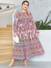 Boho Abaya Dress Plus Paisley Print Tie Neck Maxi Dress