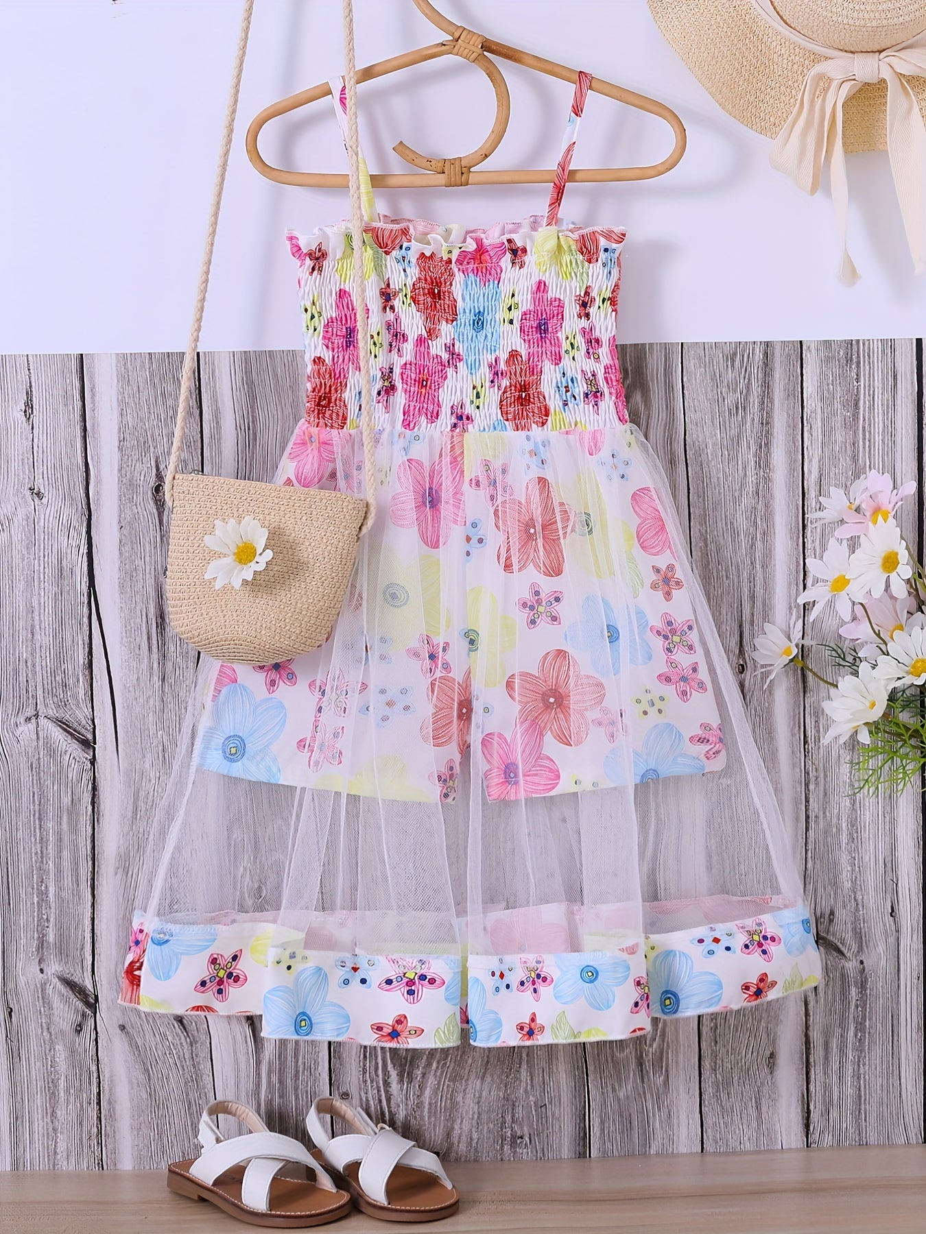 Toddler Girls Flowers Frill Trim Shirred Rompers Jumpsuits