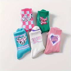 5 Pairs Letter & Heart Print Socks Comfy & Street Mid Tube Socks Women's