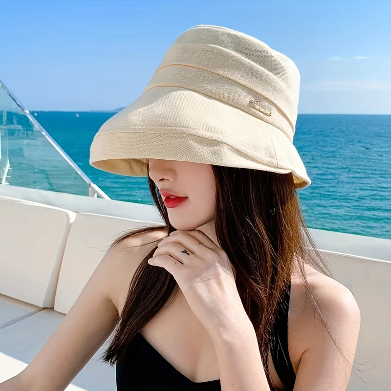 Beige Foldable Bucket Hat Rolled Brim Sun Hat