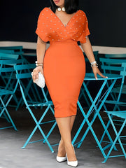 Solid Faux Pearl Decor Bat Sleeve Midi Dress