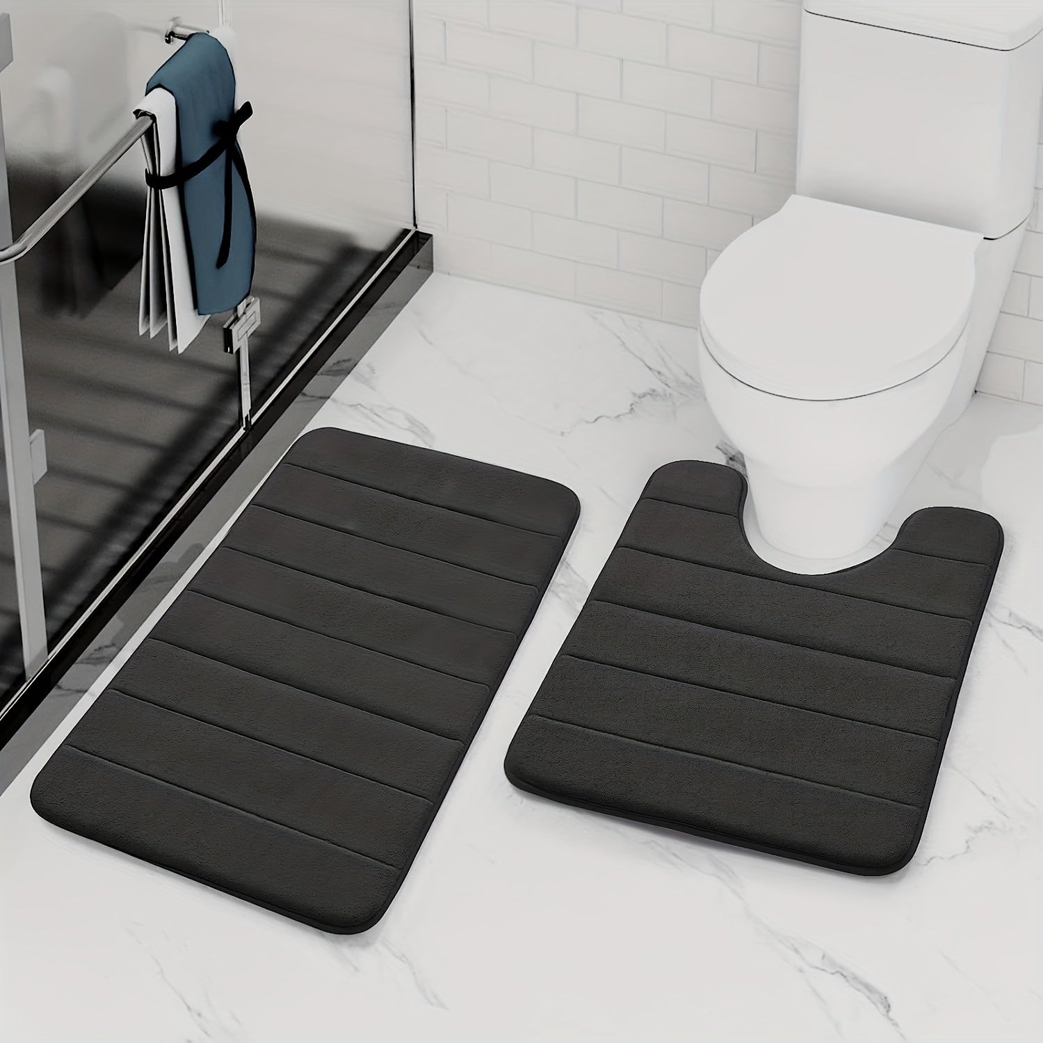2pc Memory Foam Bathmat Set Anti Skid U Shaped Rugs