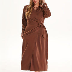 Satin V Neck Long Sleeve Wrap Maxi Dress Women's Plus Medium