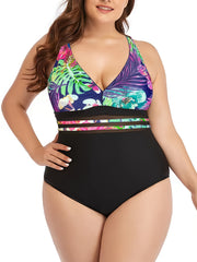 Tropical Print V Neck One Piece Swimsuit Women's