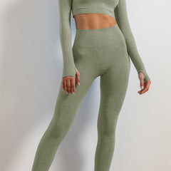 2pcs Women Solid Yoga Set Crop Long Sleeve Shirt & High Waist Leggings