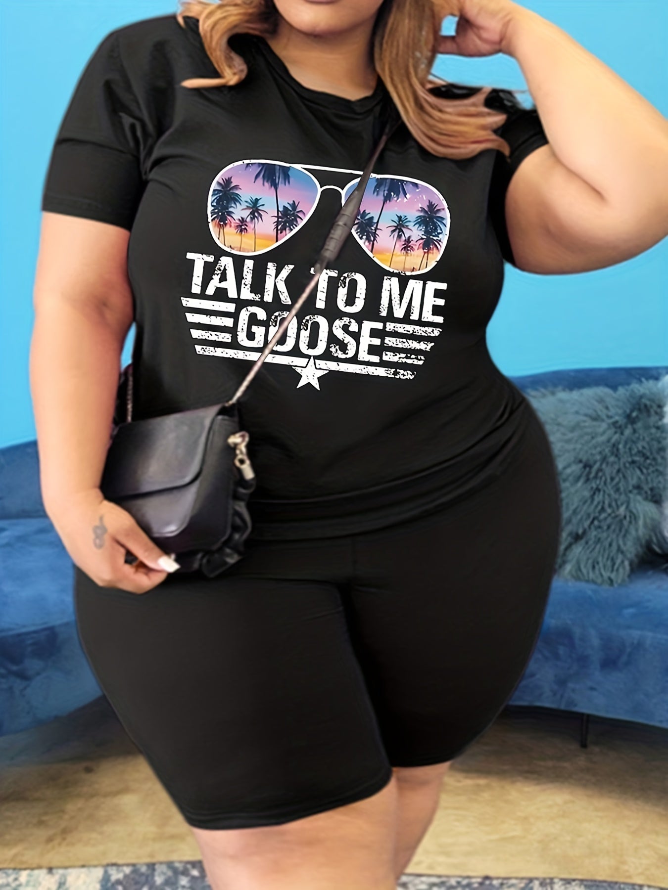 Glasses & Slogan Print Top & Shorts Set