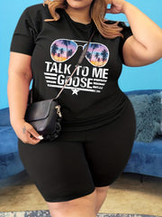 Glasses & Slogan Print Top & Shorts Set