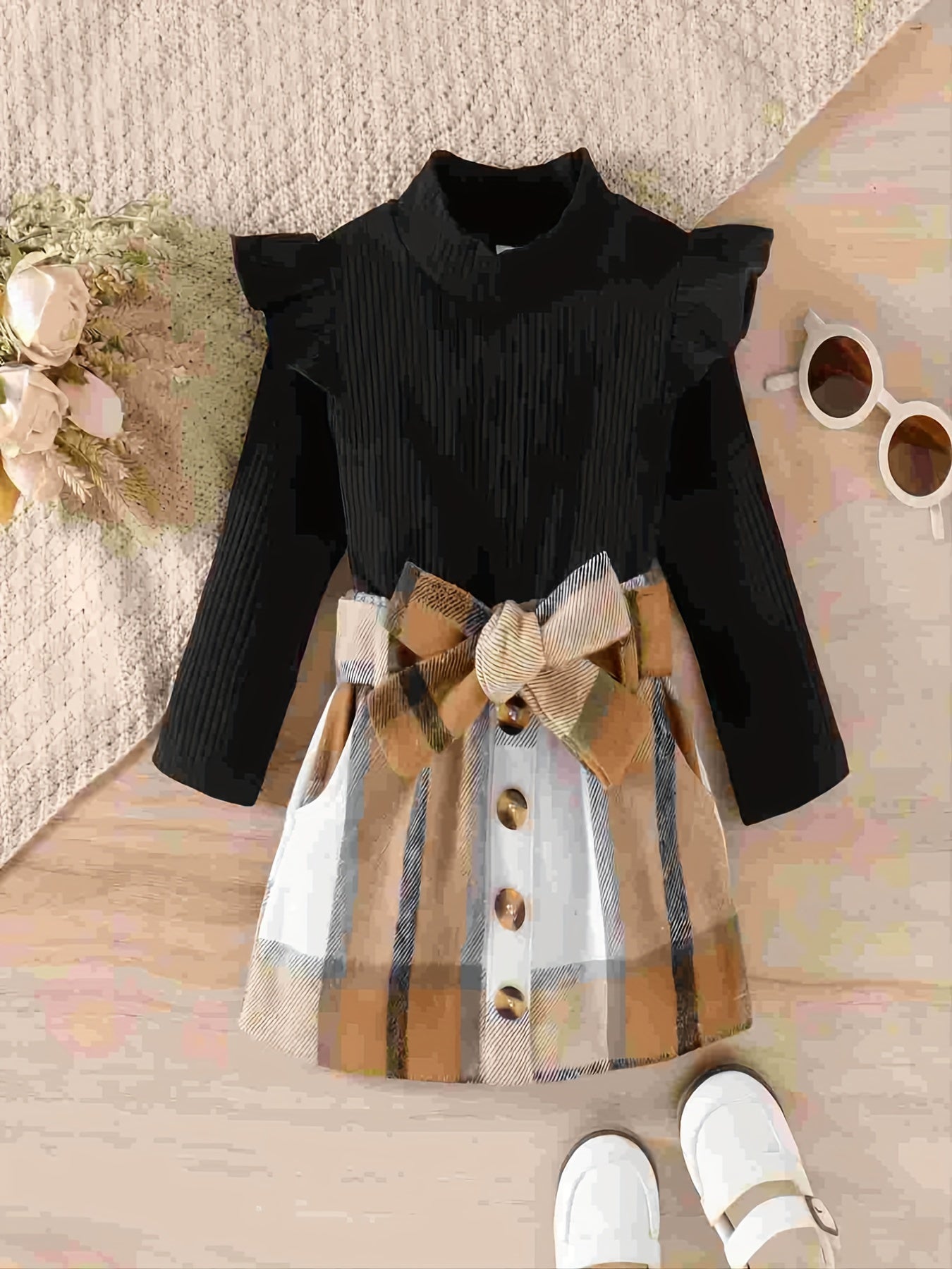 Girl's Ribbed Long Sleeve Top & Belted Skirt Set