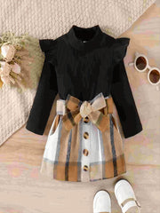 Girl's Ribbed Long Sleeve Top & Belted Skirt Set