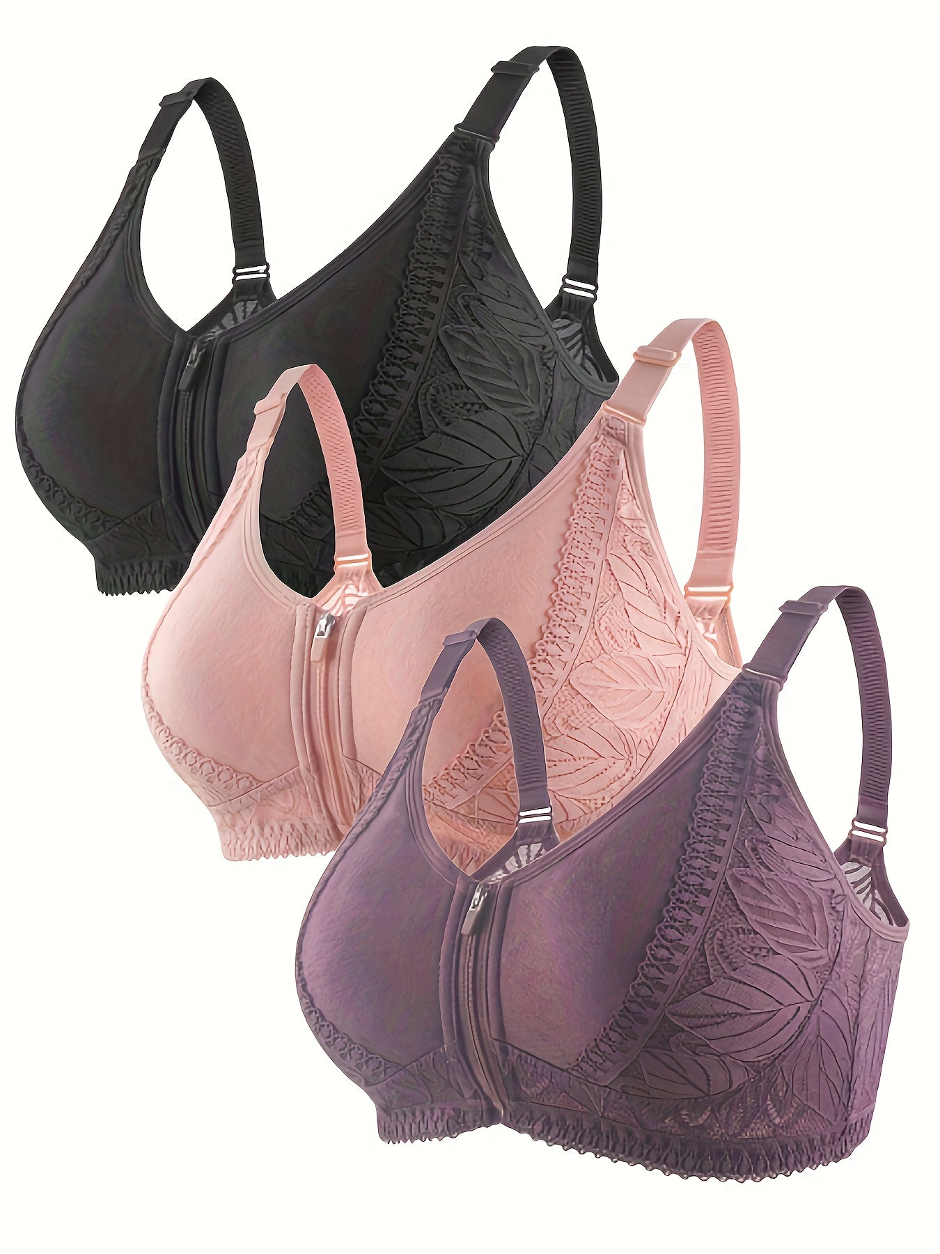 3pcs Lace Wireless Bras Breathable Zipper Intimates Bra Women's Lingerie