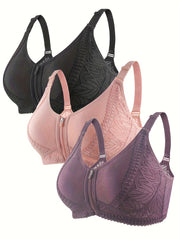 3pcs Lace Wireless Bras Breathable Zipper Intimates Bra Women's Lingerie