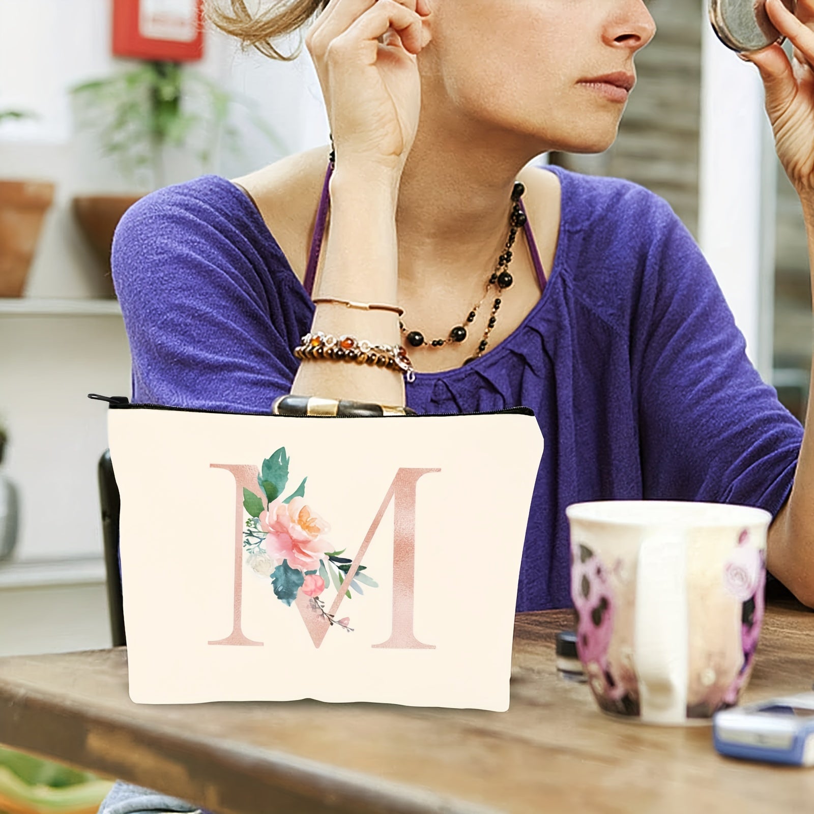 Floral Initial Makeup Bag Zipper Cosmetic Pouch Monogrammed Gift