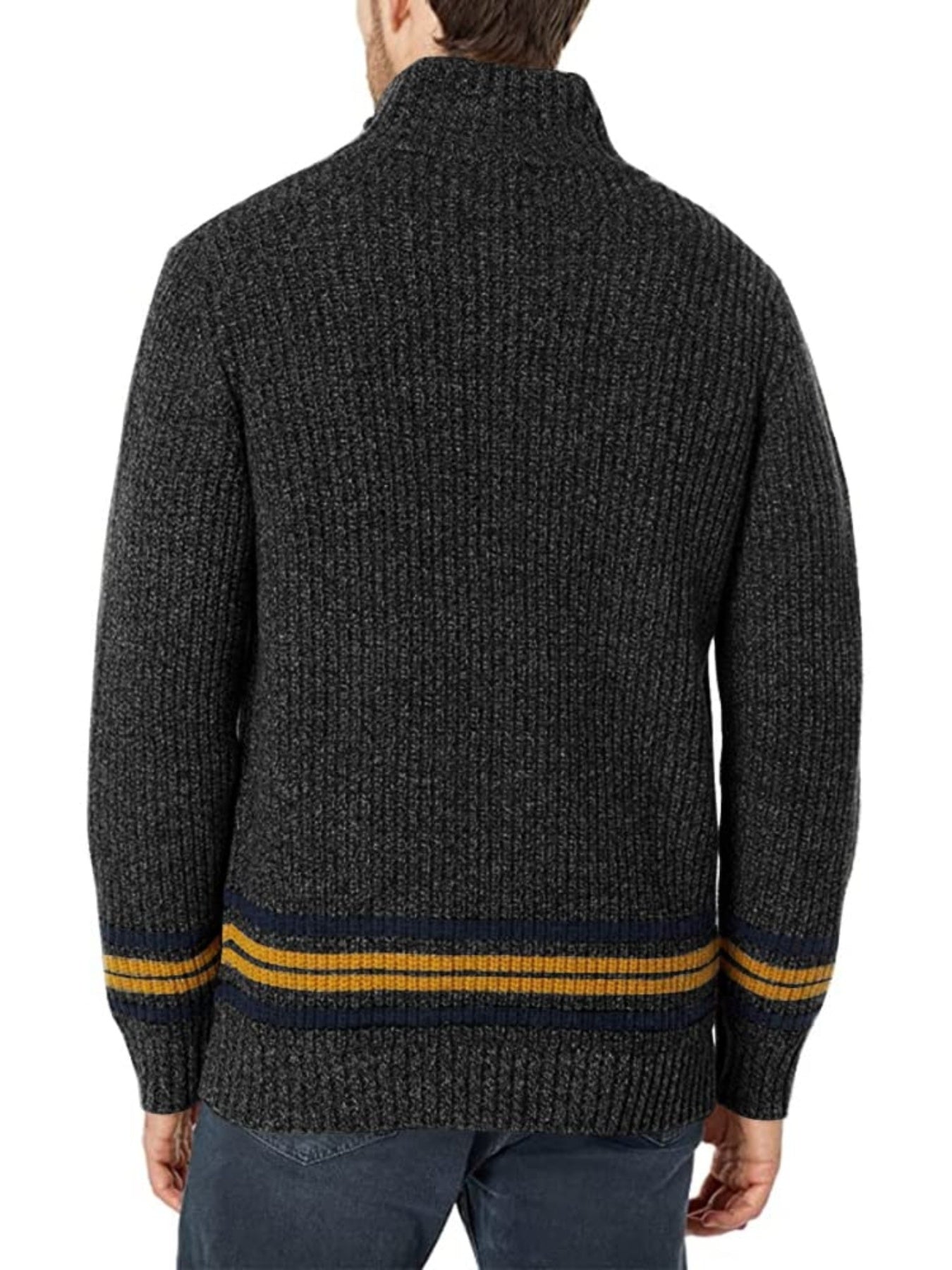 Men's Striped Stand Collar V Neck Knitted Sweater Button Up Cardigan