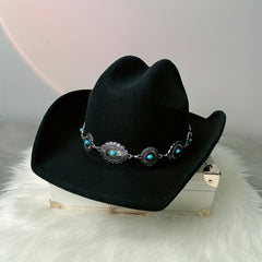 Boho Turquoise Chain Fedora Cap Vintage Solid Jazz Hat Unisex