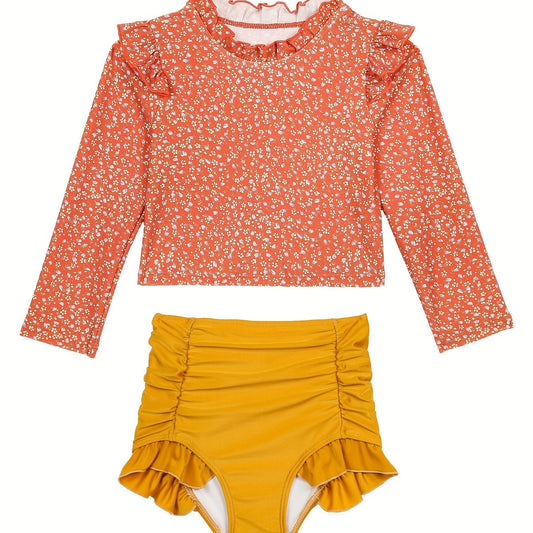 2pcs Girls Sweet Swimsuit Ruffle Trim Top Shorts Kids Clothes For Summer