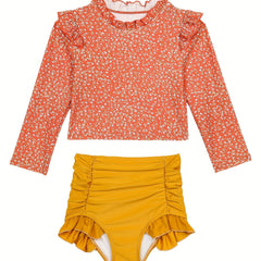 2pcs Girls Sweet Swimsuit Ruffle Trim Top Shorts Kids Clothes For Summer