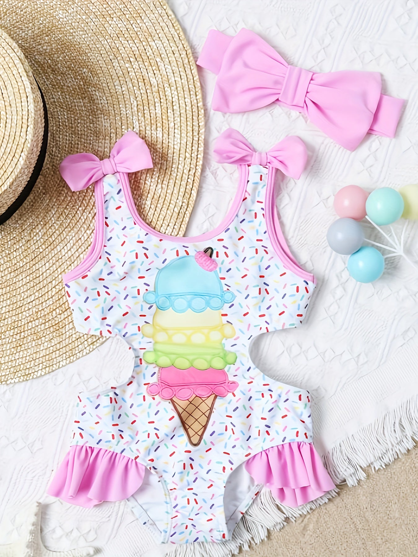 Girls Ice Cream Swimsuit with Ruffle Trim & Bow - Summer Swimwear