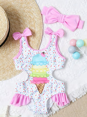 Girls Ice Cream Swimsuit with Ruffle Trim & Bow - Summer Swimwear