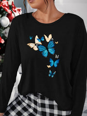 Butterfly Print Long Sleeve Crew Neck Top