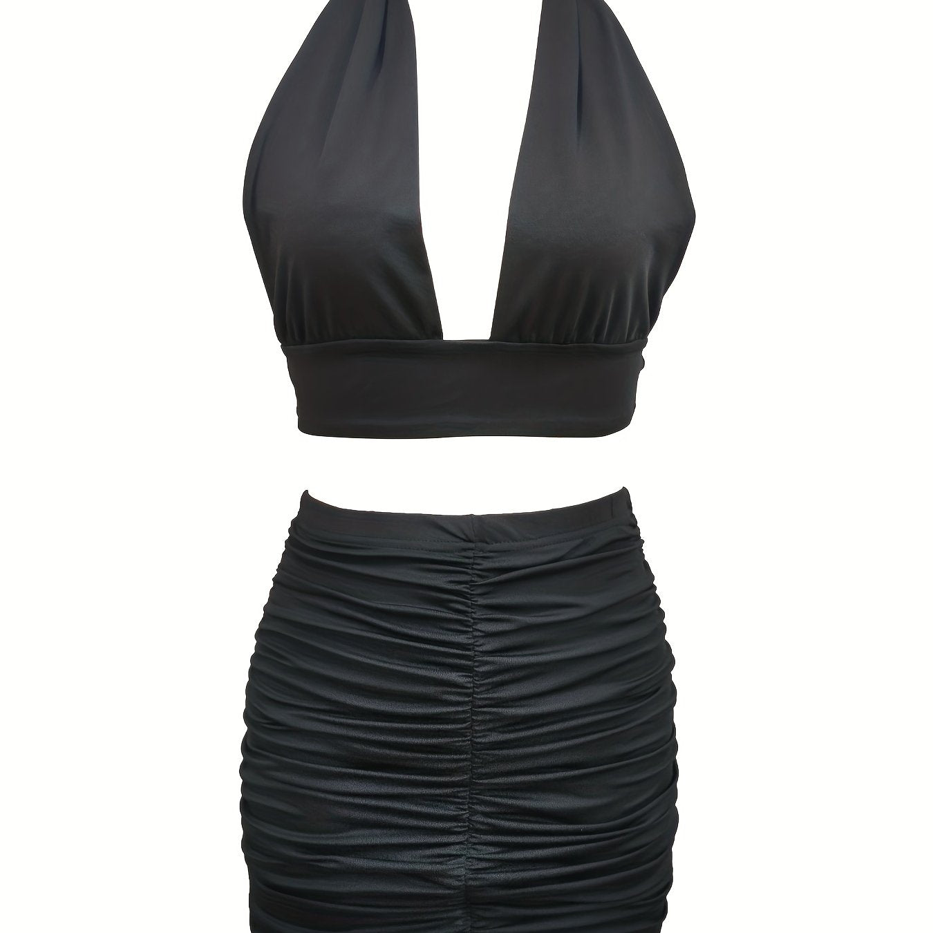 Solid Stretchy Party Two Piece Set Halter Neck Sleeveless Tops & Pleated Bag Hip