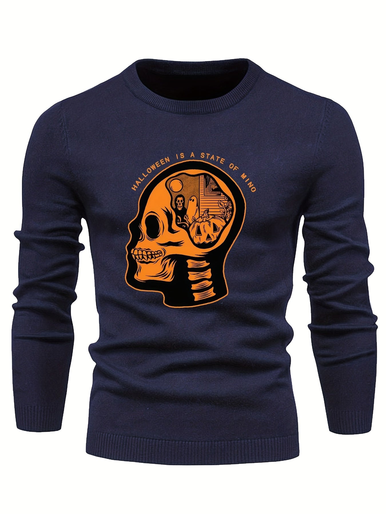 Cartoon Skeleton & Ghost Slim Warm Sweater Men's Casual Retro Style