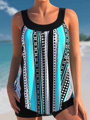 Modest Tankini Set - Women's Chain & Polka Dot Stripe Print Top & S