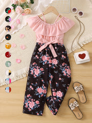 Girls Floral Puff Sleeve Romper, One Shoulder