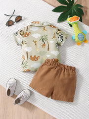 2pc Boys Animal Print Shirt & Shorts Set for Summer