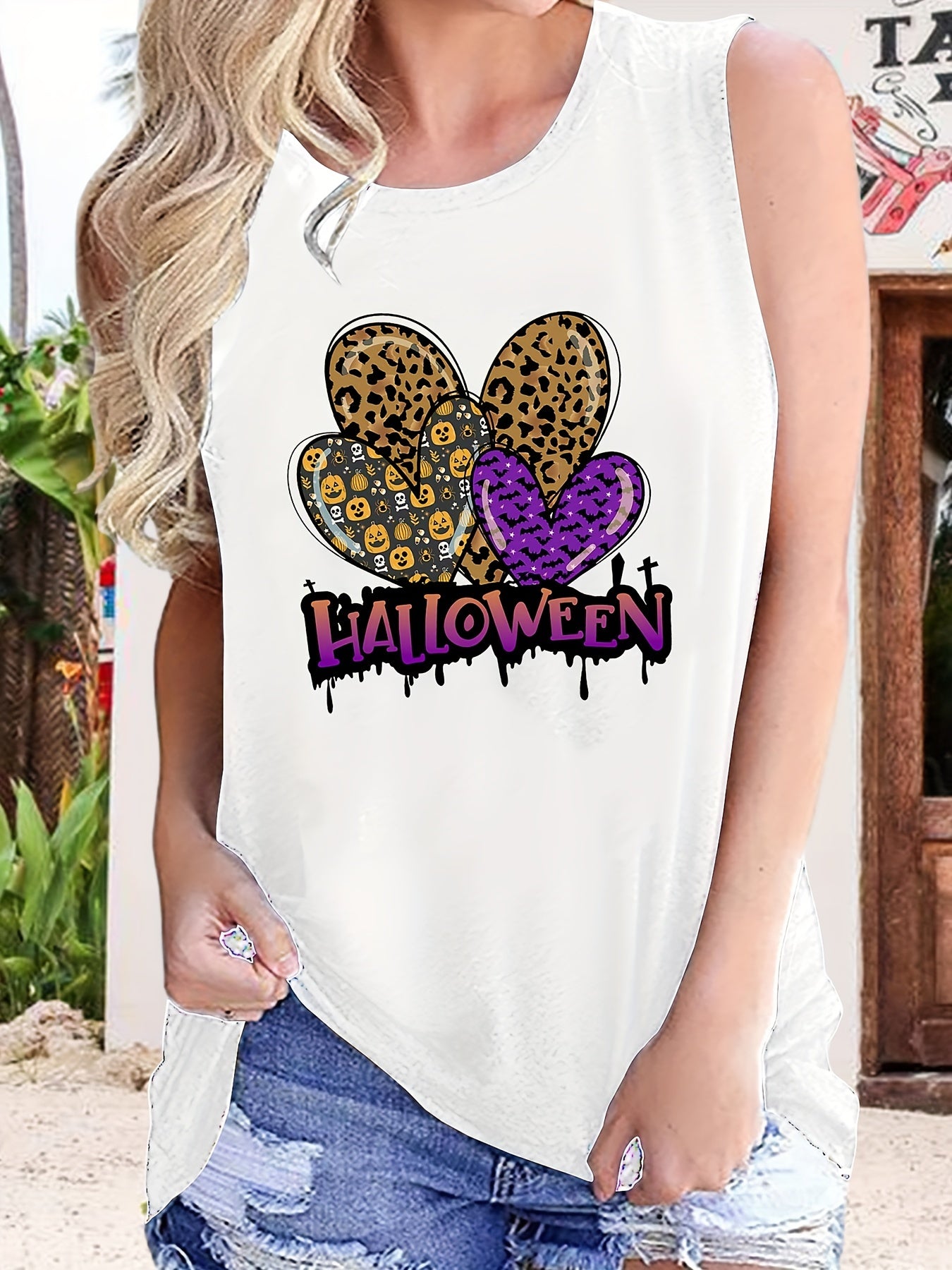 Halloween Heart Print Tank Top Sleeveless Crew Neck Summer Top